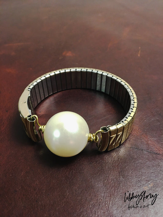 LS Upcycled Vintage Calendar Watch Band Pearl Bracelet