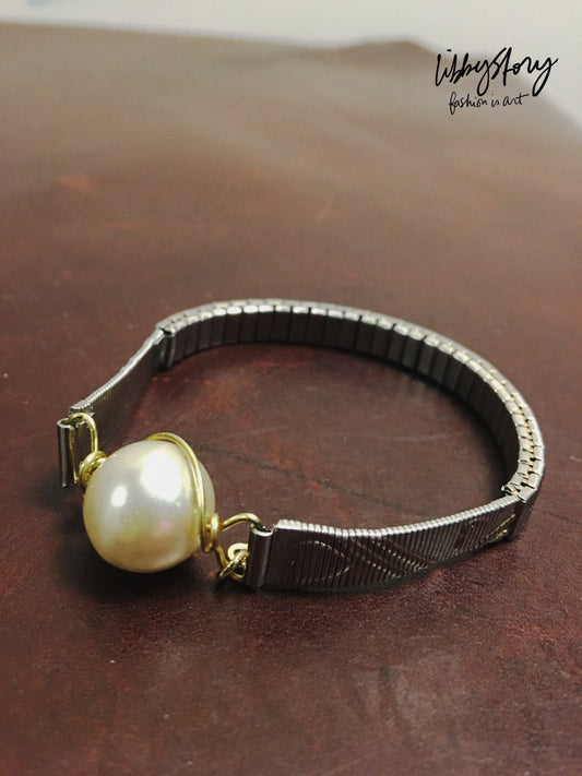 LS Upcycled Vintage Watch Band Pearl Bracelet
