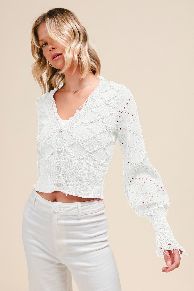 Cable Knit Crop Cardigan with Frayed Edge