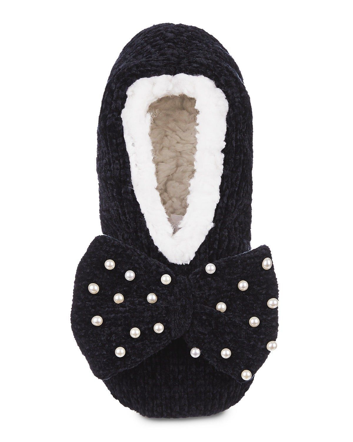 Precious Pearls Chenille Bow Sherpa-Lined Slippers