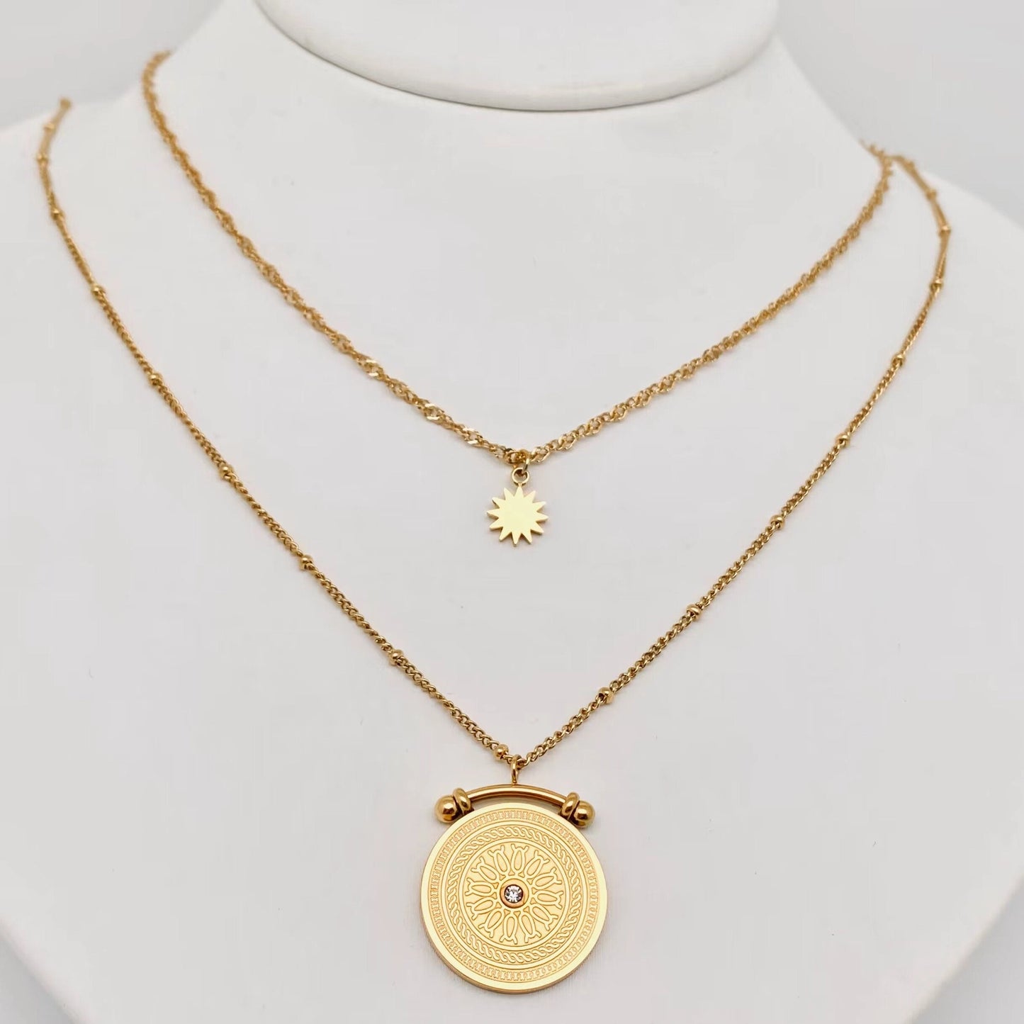 Sun Compass Pendant Double Layer Necklace