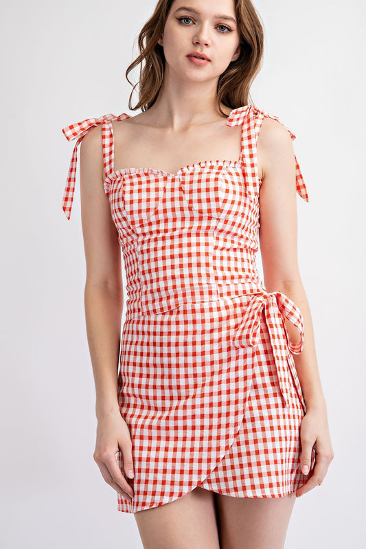 Cotton Gingham Tank Top Shoulder Bow Tie