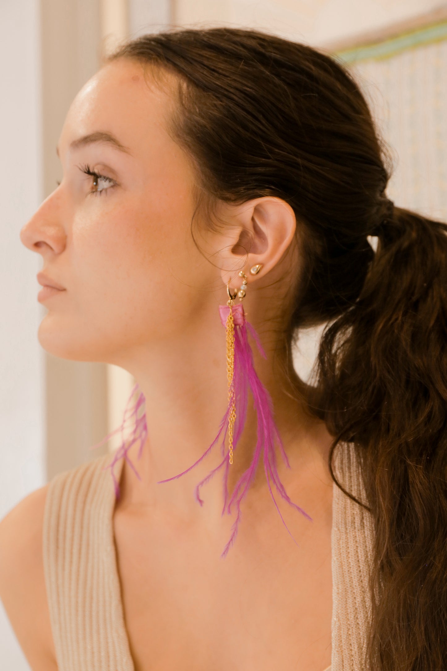 Pink Feather Gold Earrings