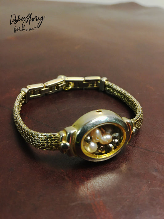 LS Upcycled Vintage Watch Pearls & Crystals Bracelet