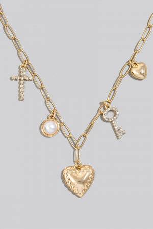 Cross Pearl And Heart Charms Chain Necklace