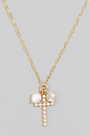 Pearl Studded Cross And Charms Chain Necklace