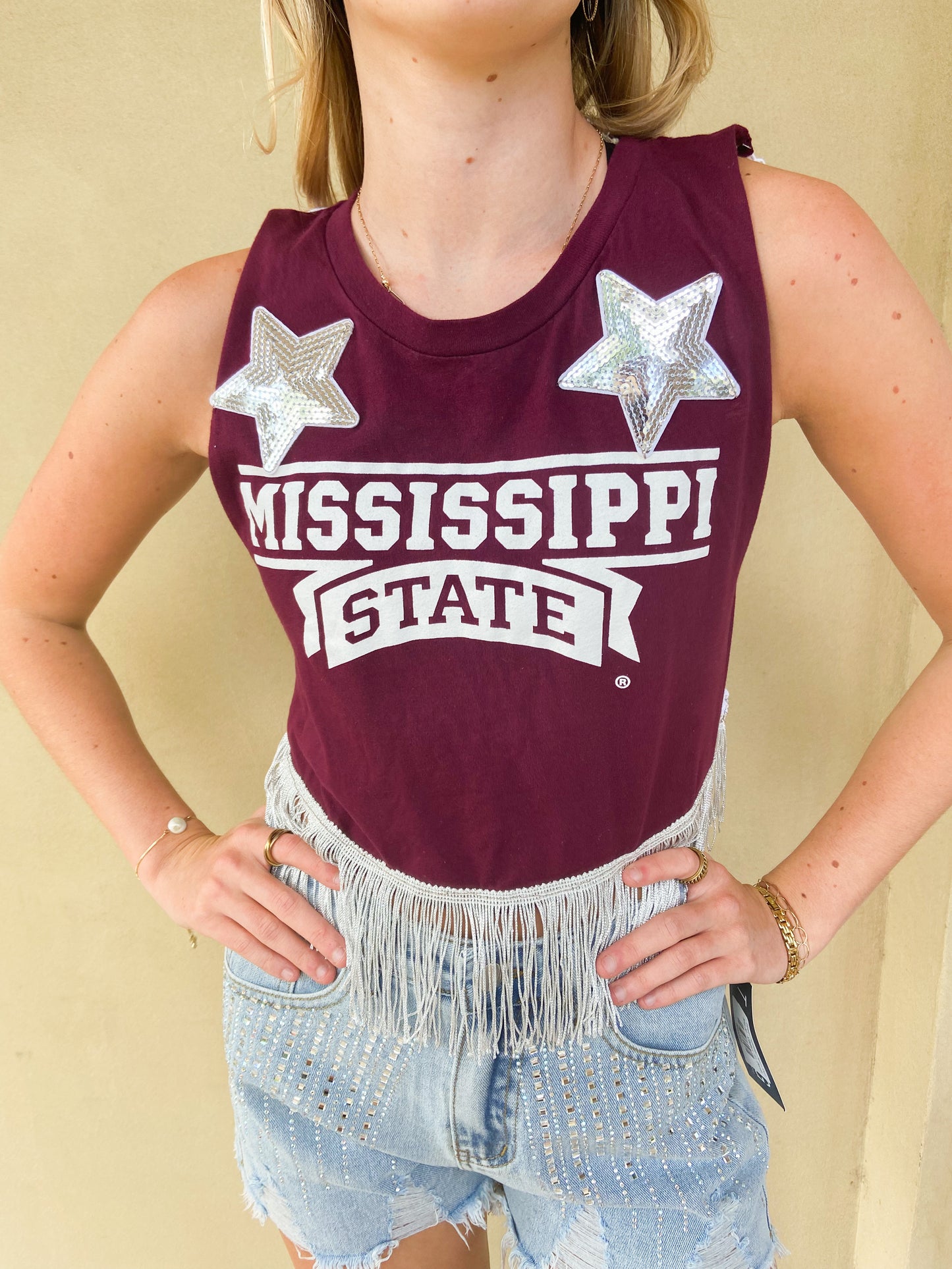LS Upcycled MS State Star Fringe Tank