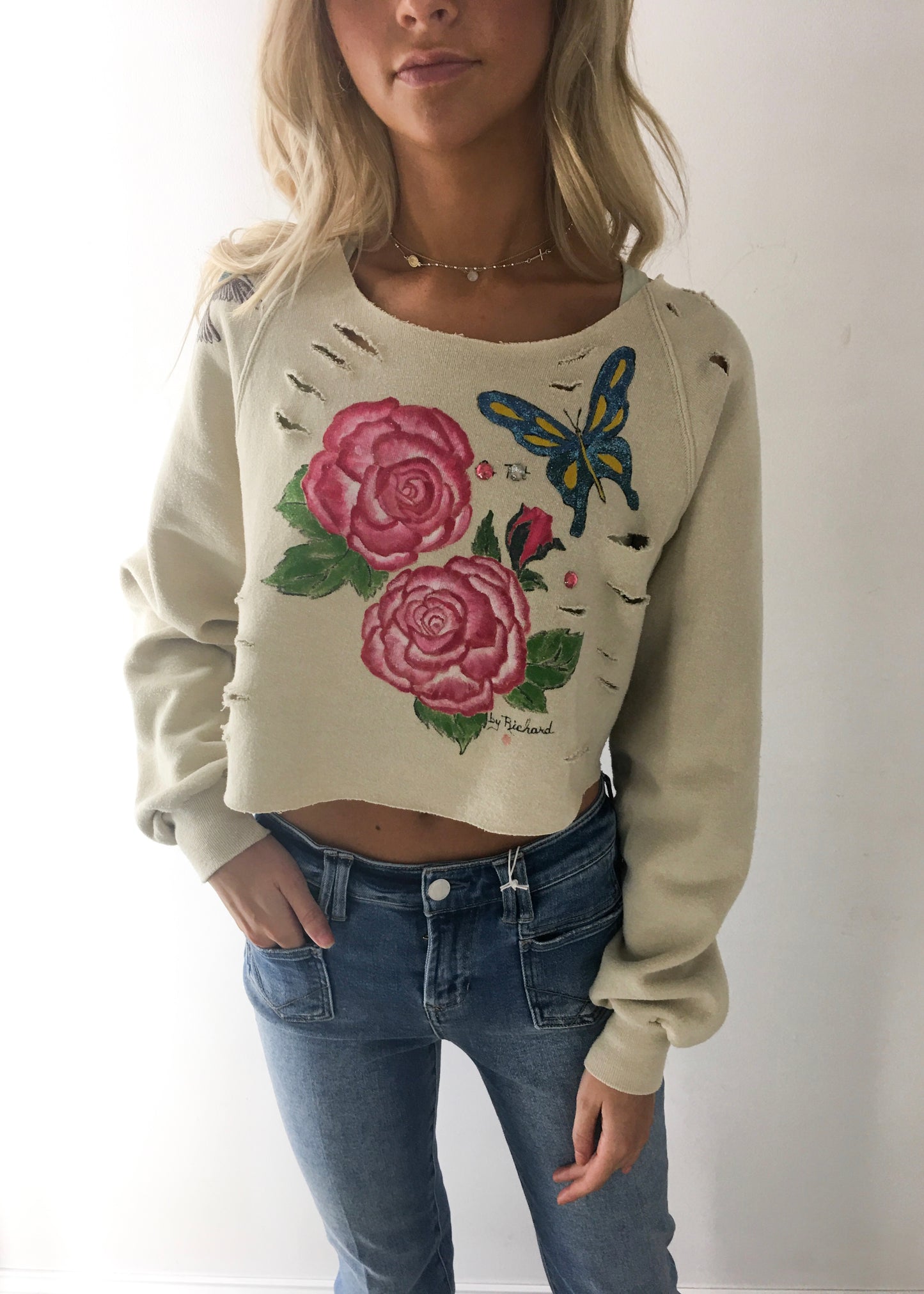 LS Upcycled Vintage Flowers Cropped Sweatshirt