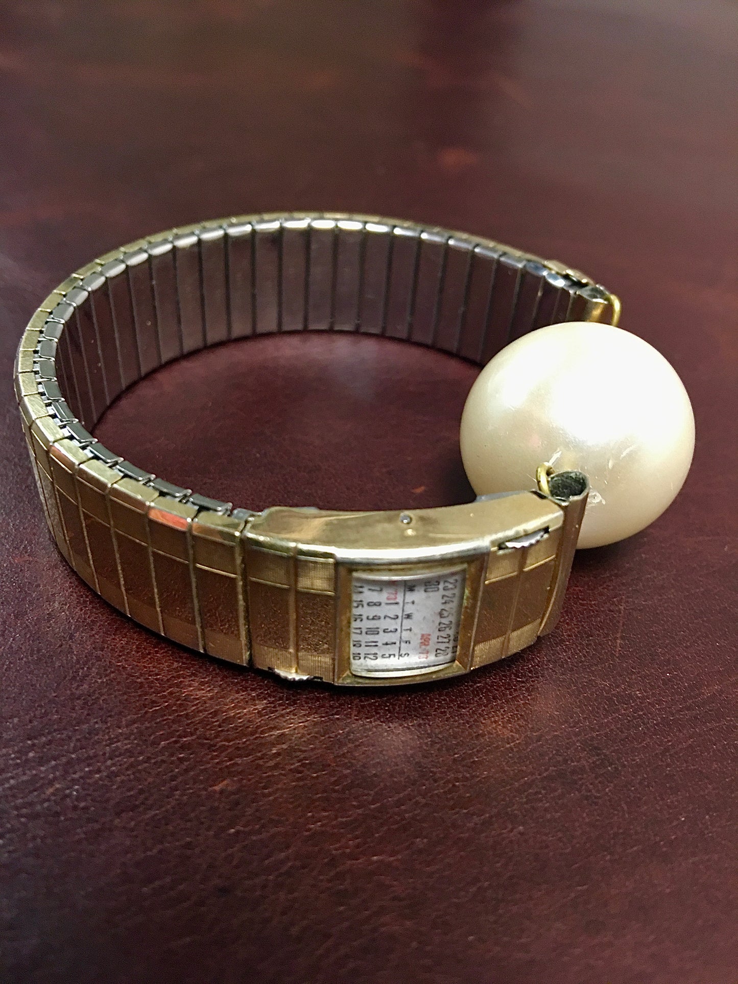 LS Upcycled Vintage Calendar Watch Band Pearl Bracelet