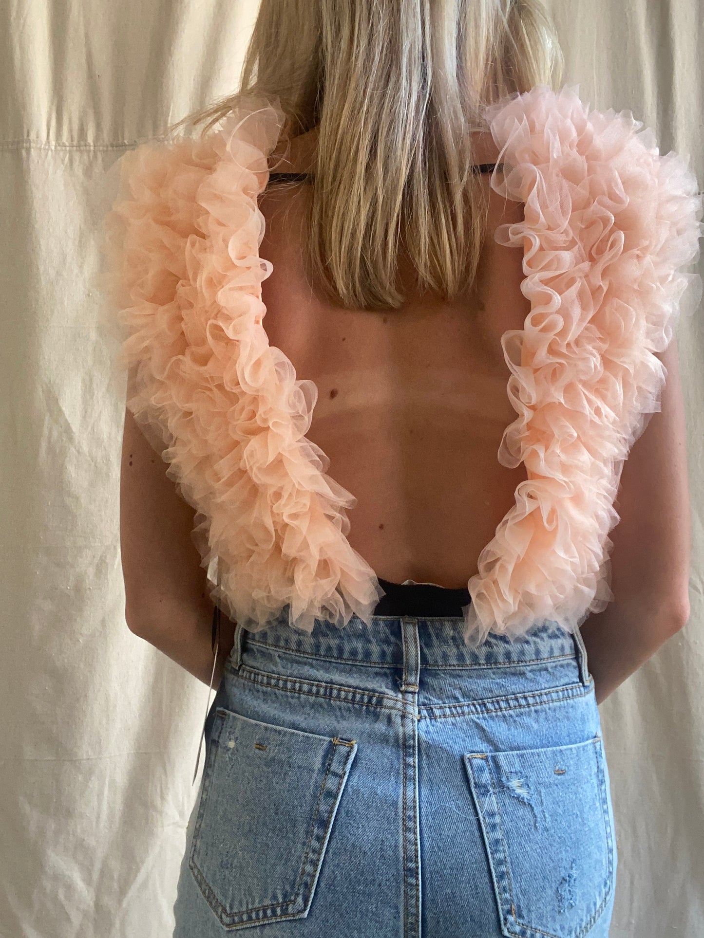 Plunging Neck Ruffled Tulle Bodysuit