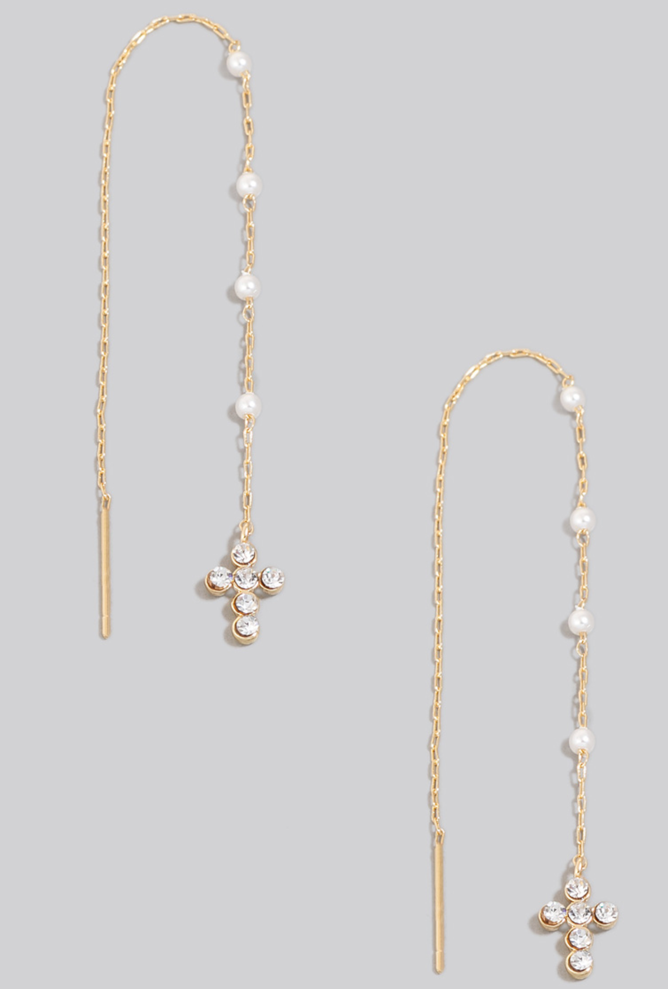 Pave Cross And Mini Pearl Beads Chain Threader Earrings