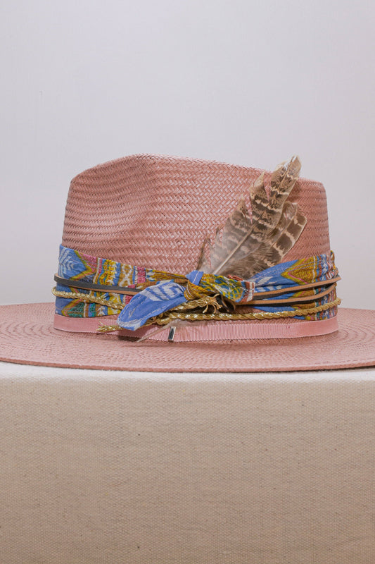 LS Upcycled Handmade Hatbands & Feathers Straw Hat