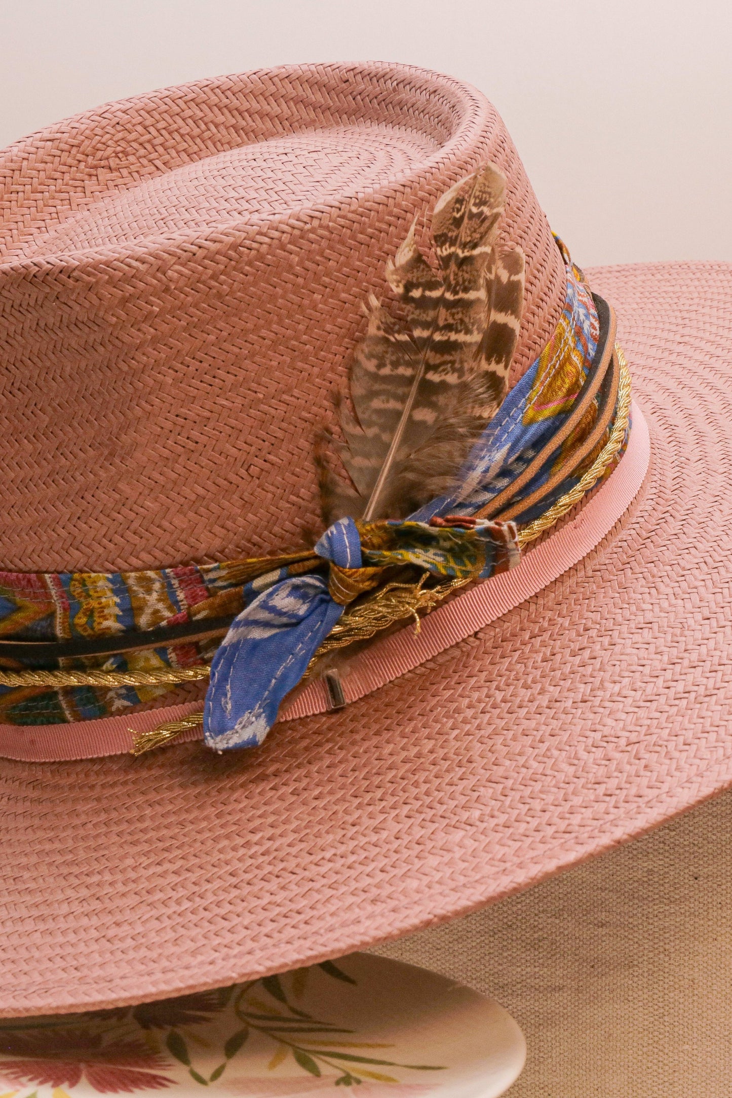 LS Upcycled Handmade Hatbands & Feathers Straw Hat