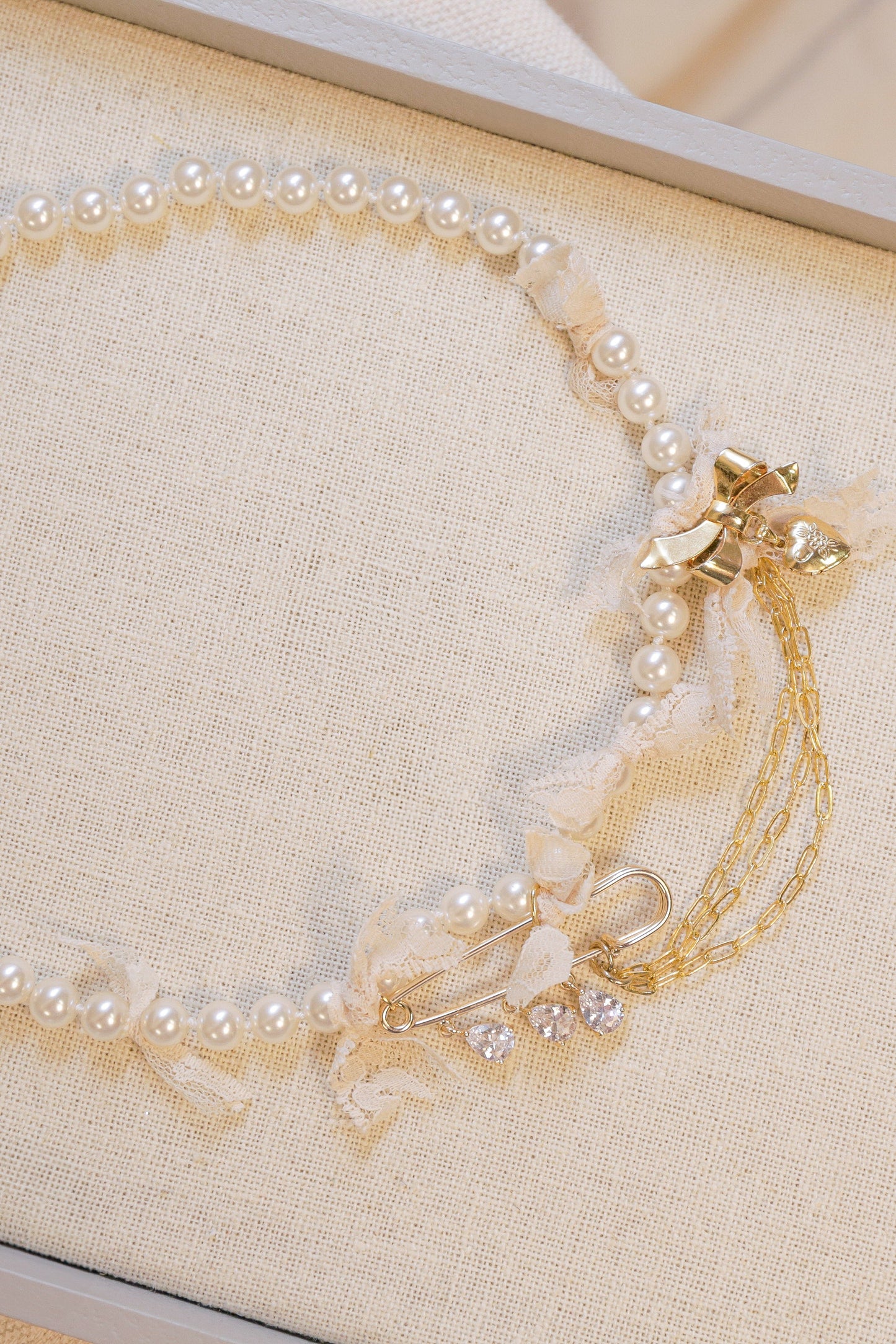 OOAK Vintage Pearl Necklace with Lace and Pins