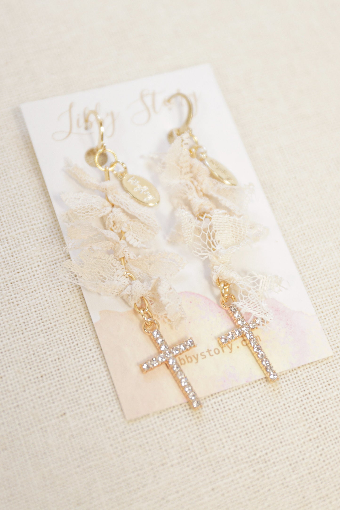 OOAK Vintage Lace and Rhinestone Cross Earrings