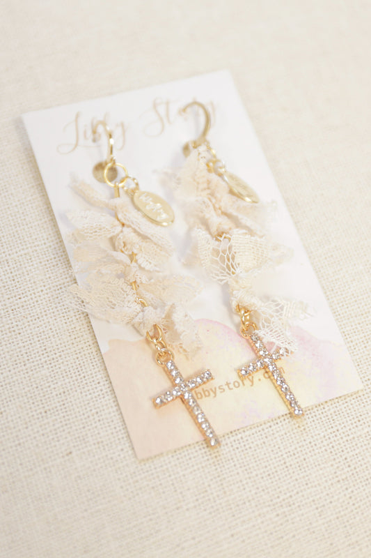 OOAK Vintage Lace and Rhinestone Cross Earrings