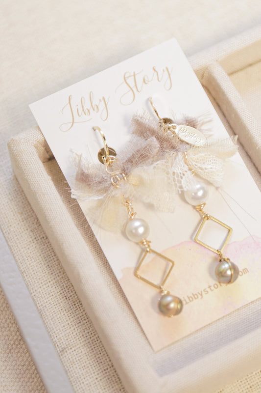 OOAK Handmade Bow and Freshwater Pearl Earrings