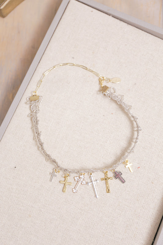 Handmade vintage trim and Cross Charms Choker |