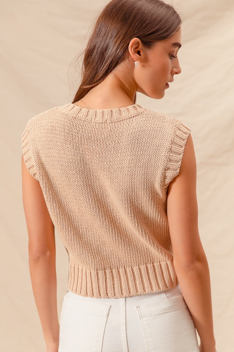 Notched Neck Cable Knit Sweater Vest