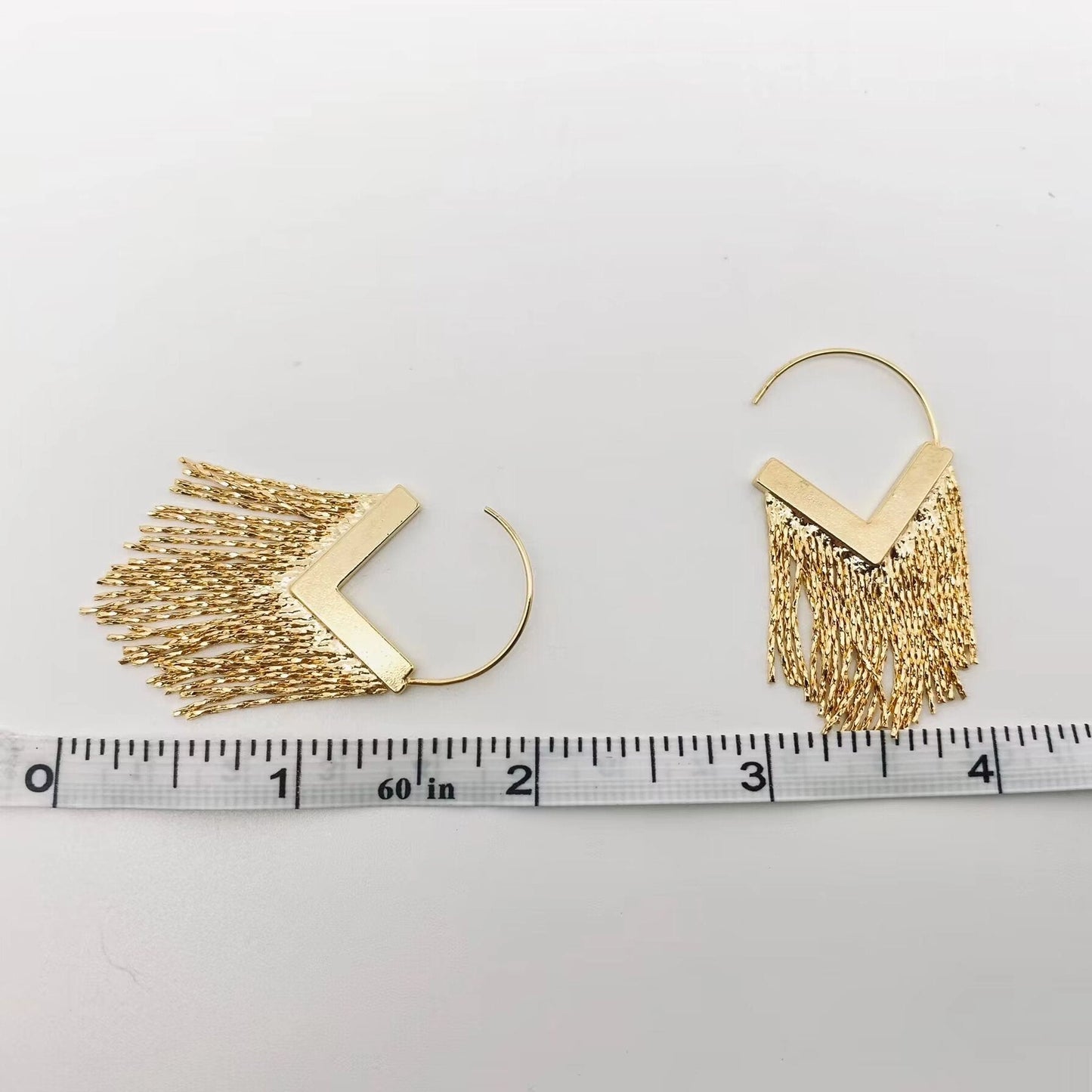 Gold Plated V-Shape Metal Chain Tassel Hoop Earring