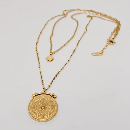Sun Compass Pendant Double Layer Necklace