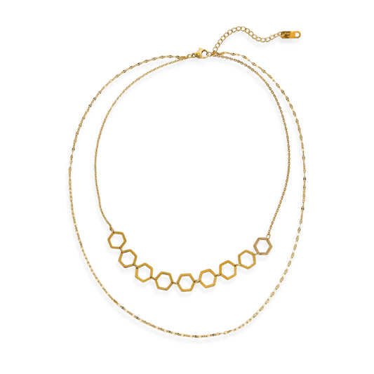 Hexagon Cutout & Dainty Chain Double Layer Necklace