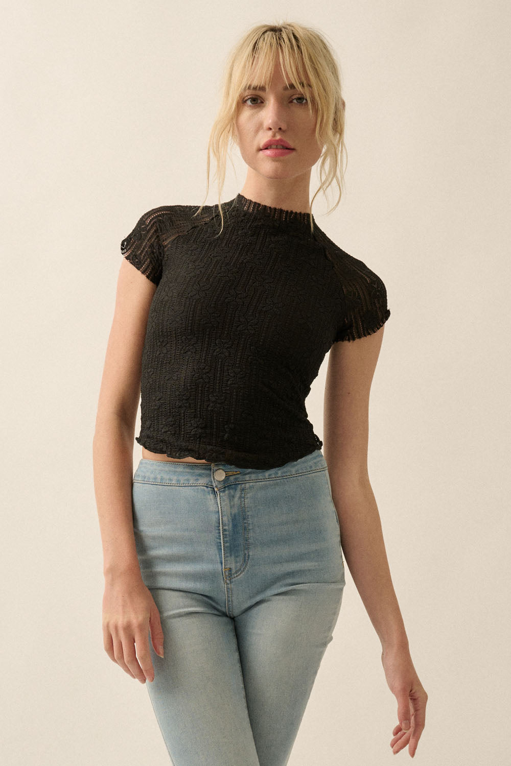 Floral Lace Crew Neck Knit Top