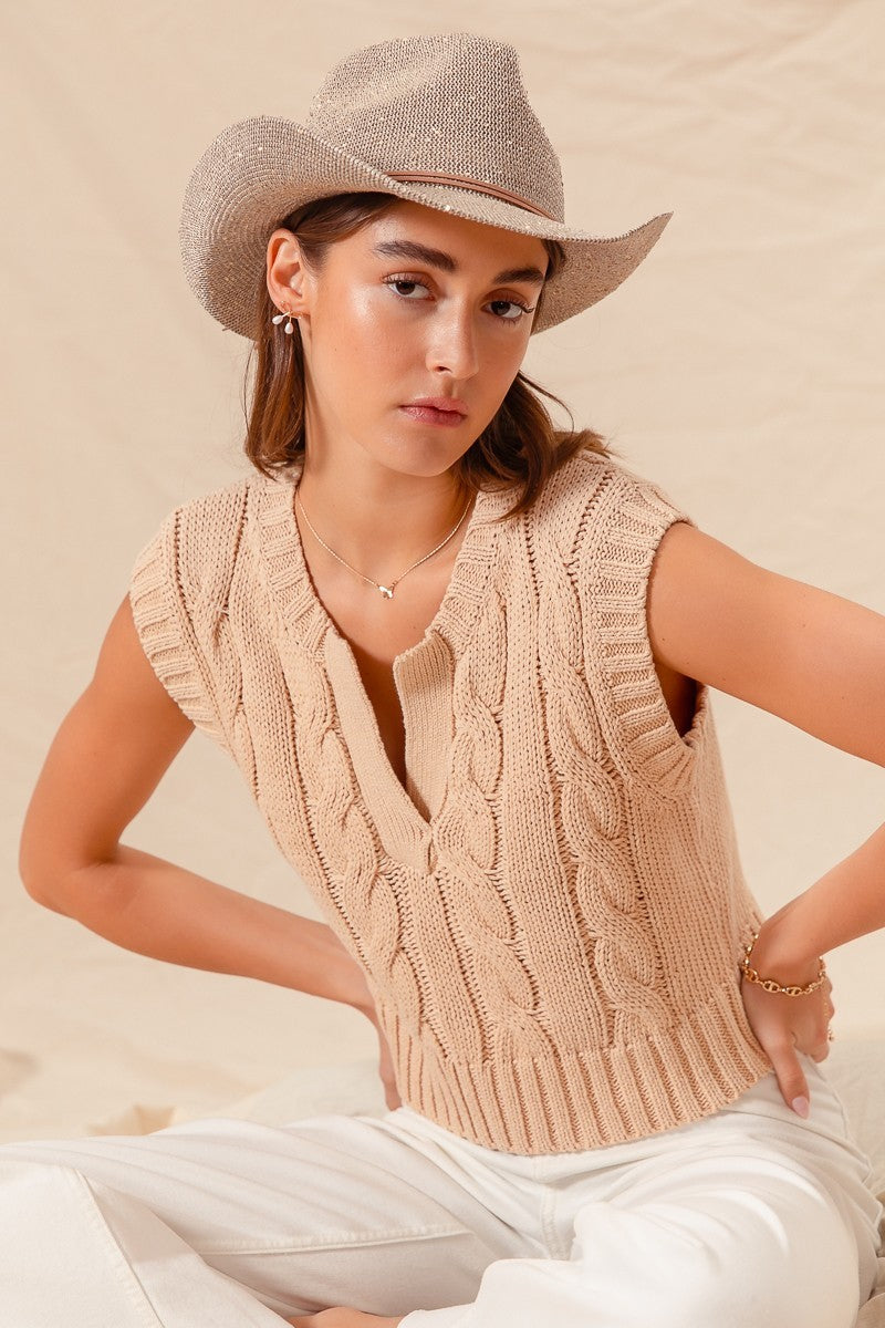 Notched Neck Cable Knit Sweater Vest