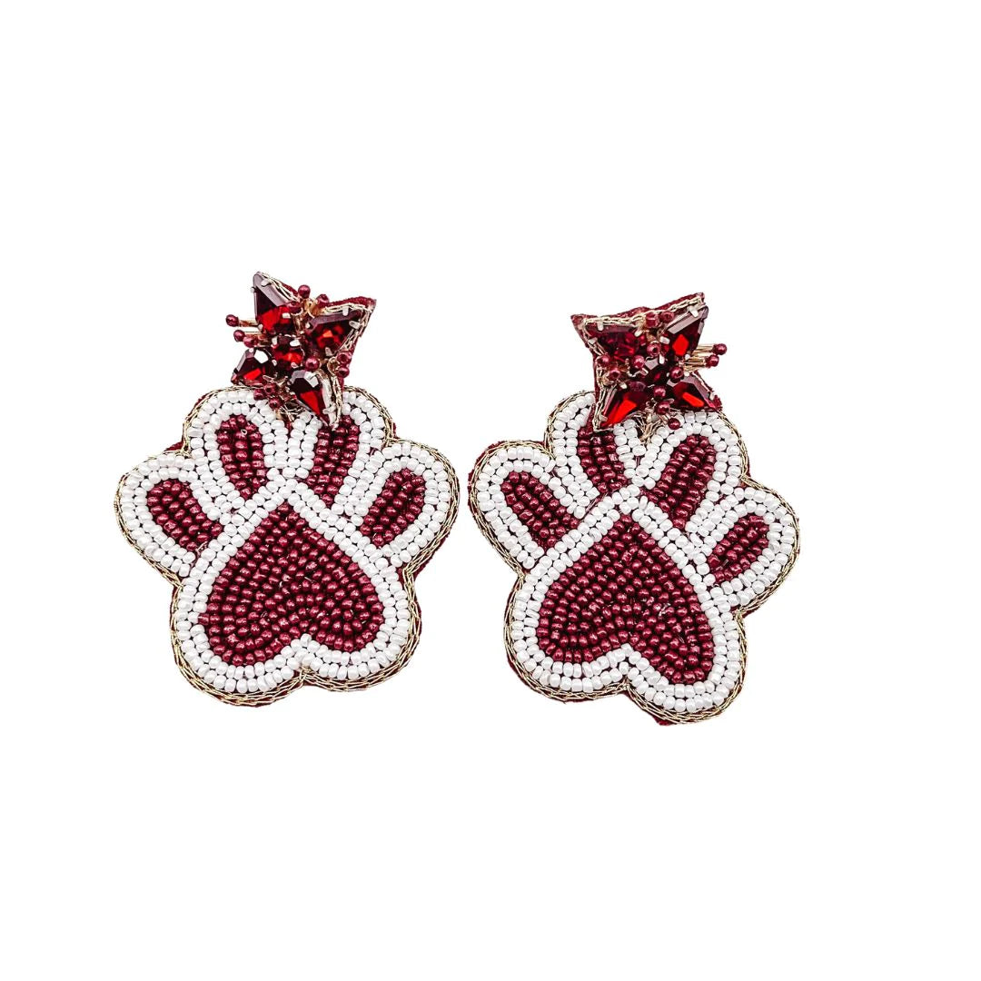 Maroon Paw Print Beaded Earring