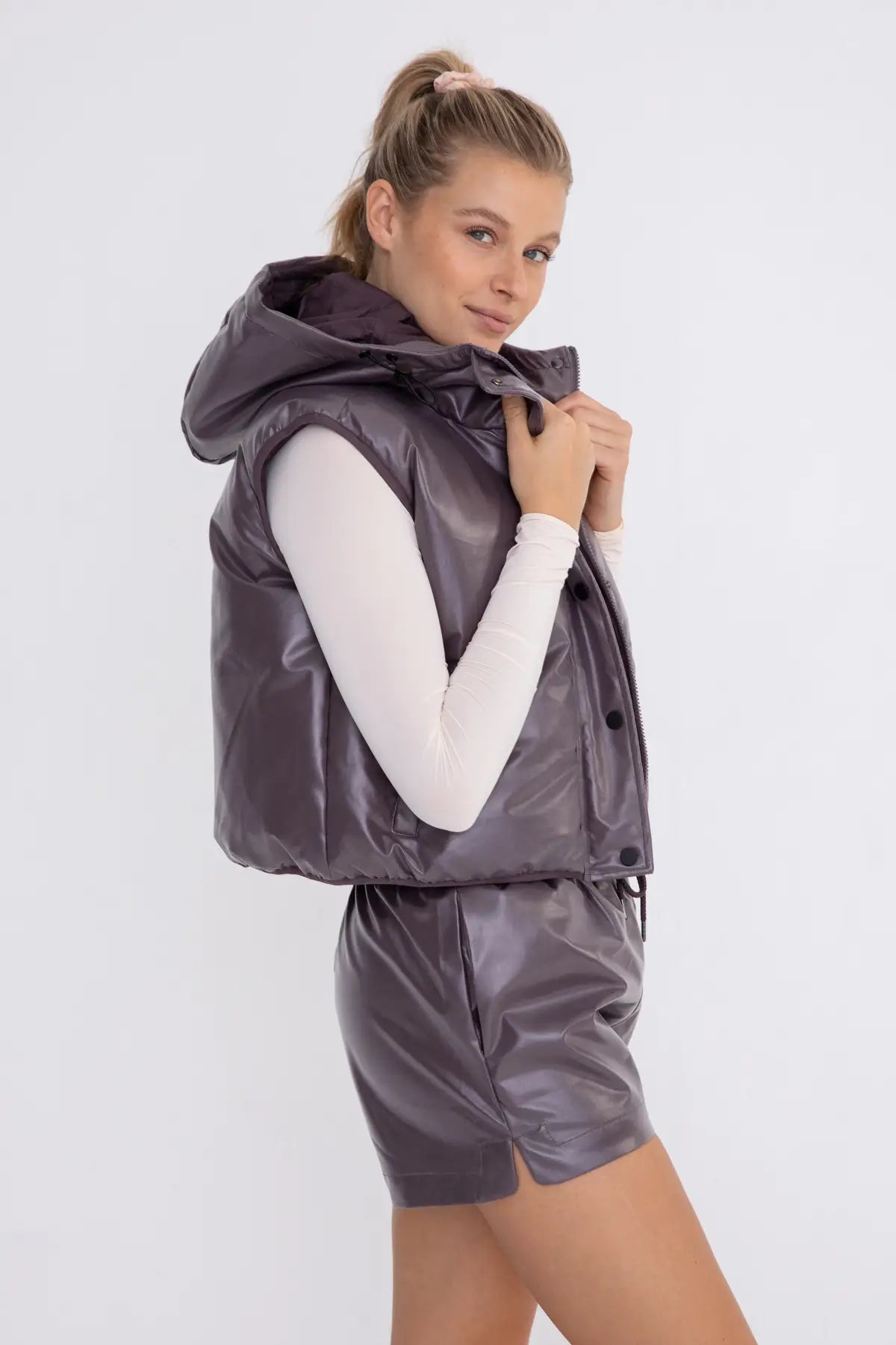 Leather-Like Hooded Puff Vest