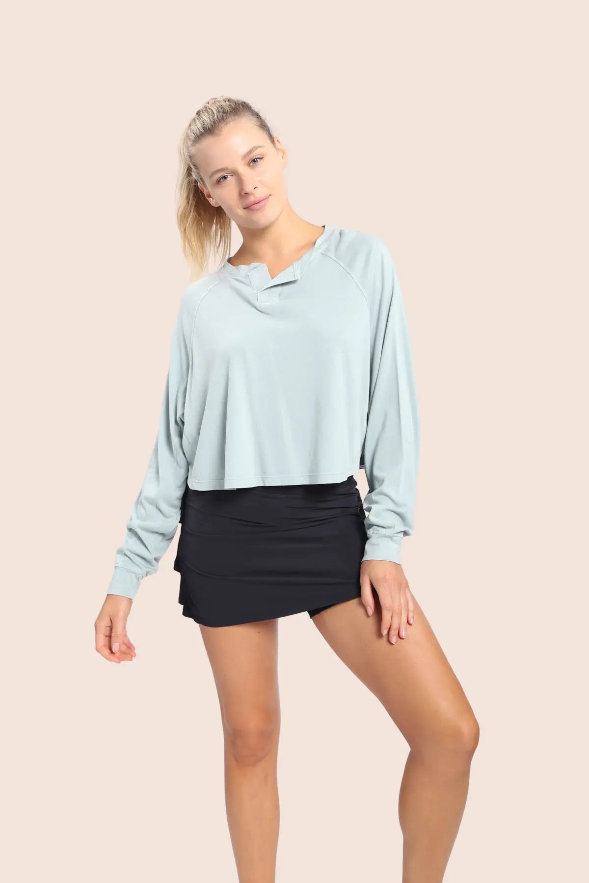 Mineral-Washed Band Collar Raglan Top