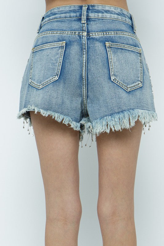 Fringe Rhinestone Denim Short