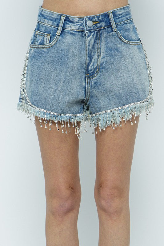 Fringe Rhinestone Denim Short