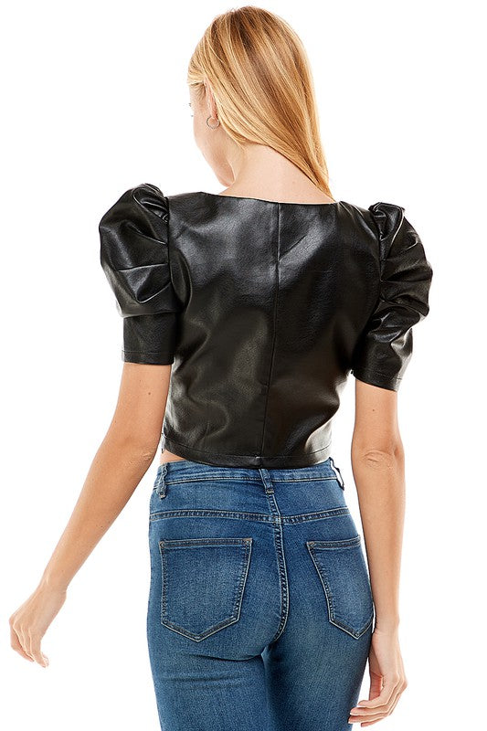 Puff Sleeve Vegan Leather Crop Top