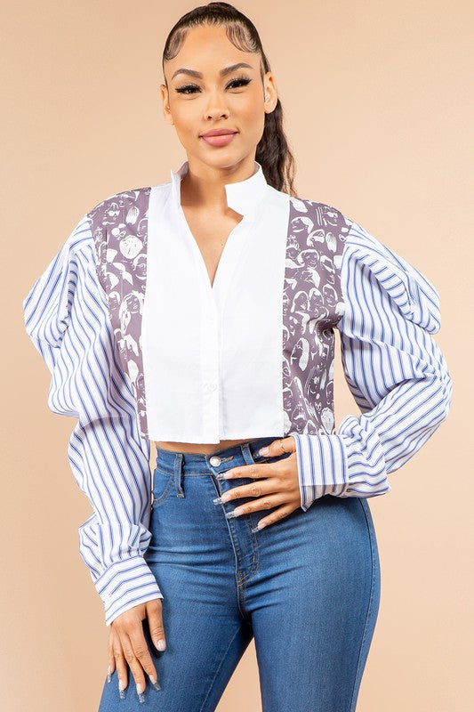 Striped Bubble Sleeve Button Down Top