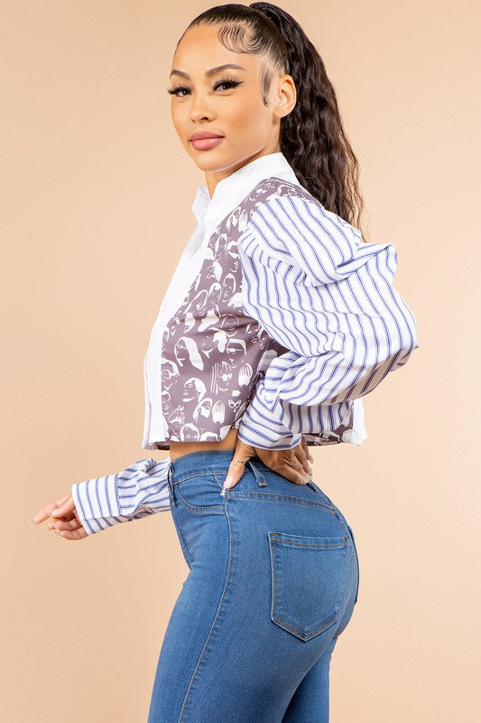 Striped Bubble Sleeve Button Down Top