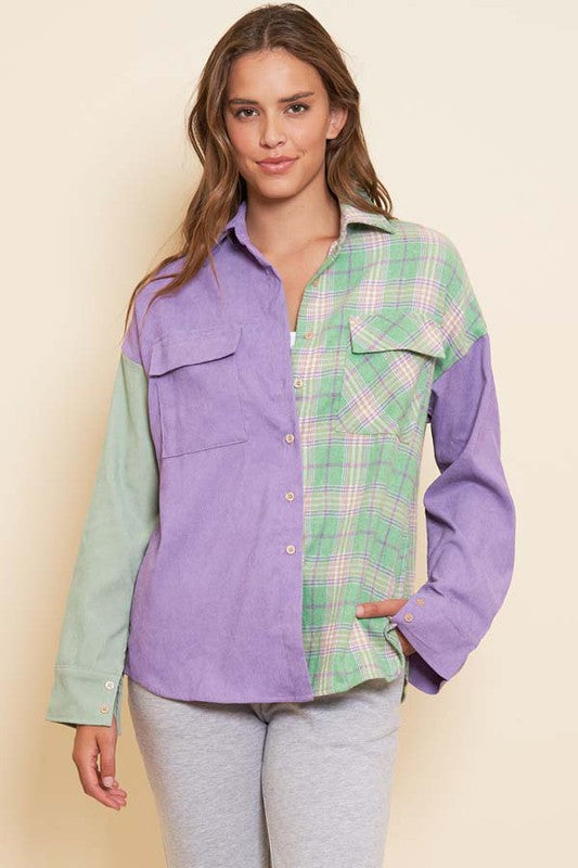 Corduroy & Plaid Oversized Button Up Top