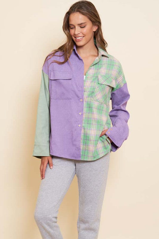 Corduroy & Plaid Oversized Button Up Top
