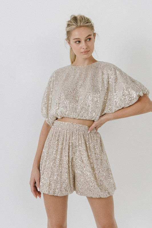 Sequin Puff Sleeve Crop Top