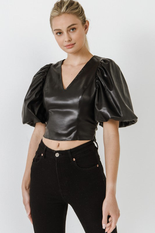 Bella Vegan Leather Puff Sleeve Top