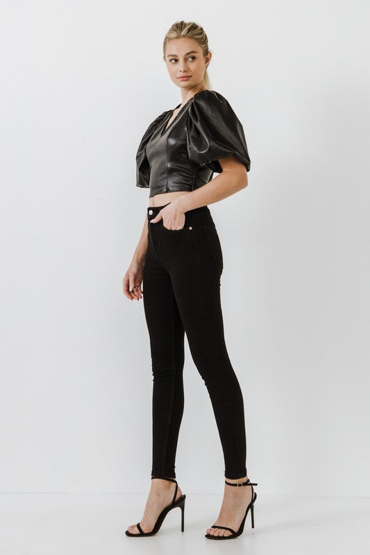 Bella Vegan Leather Puff Sleeve Top