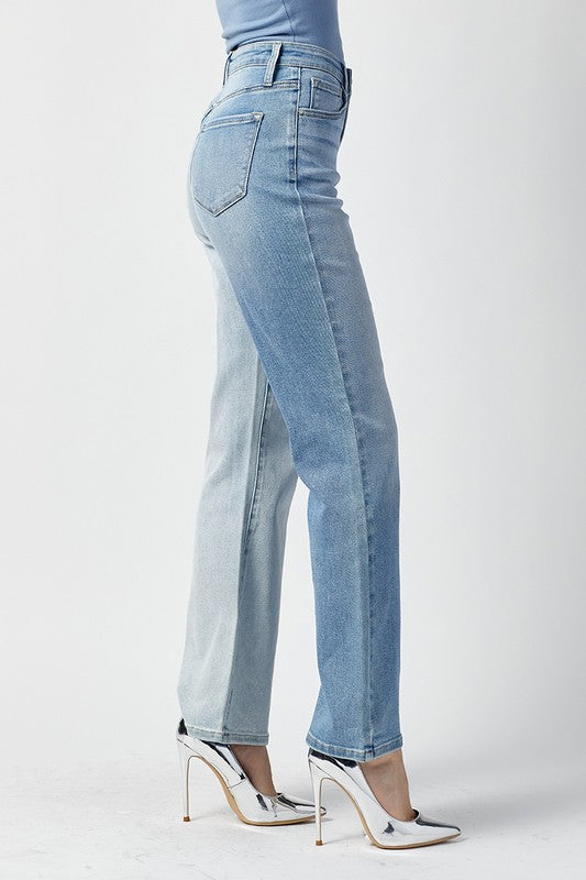 High Rise Two Tone Bootcut Jean