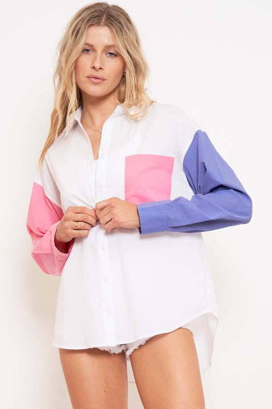 Poplin Colorblock Button Down Shirt