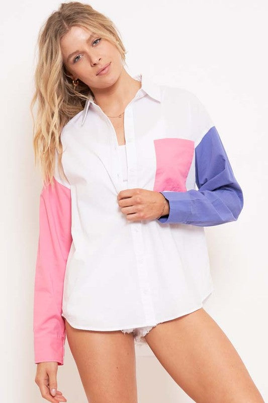 Poplin Colorblock Button Down Shirt