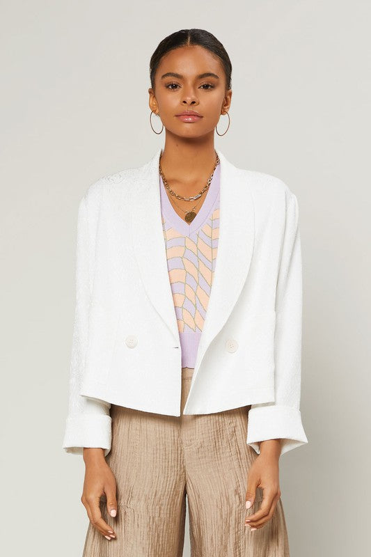 Floral Pattern Jacquard Semi Crop Blazer