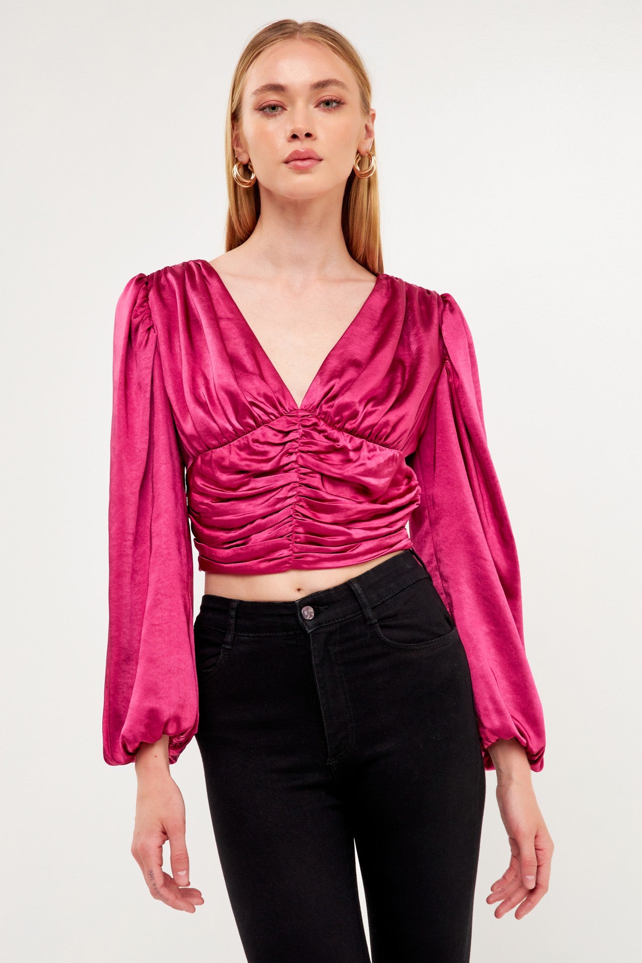 Louisa Satin Ruched Long Sleeve Top