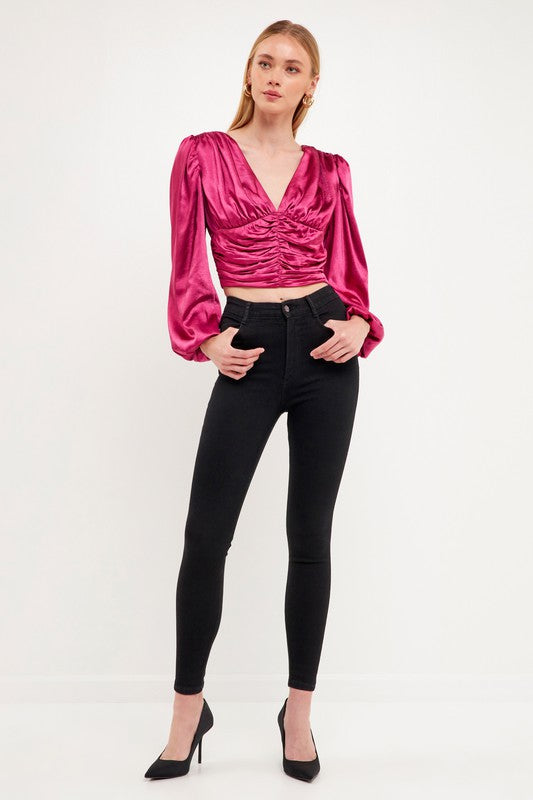 Louisa Satin Ruched Long Sleeve Top