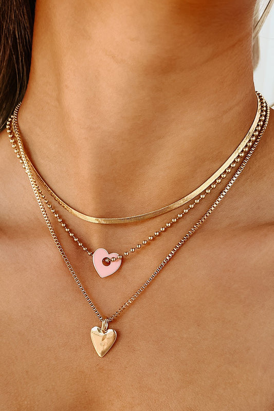 Pink & Gold Heart Charm Layered Chain Necklace