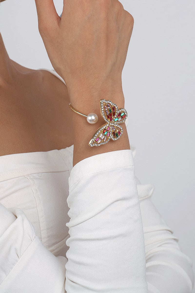 Rhinestone Butterfly Pearl Adjustable Bracelet