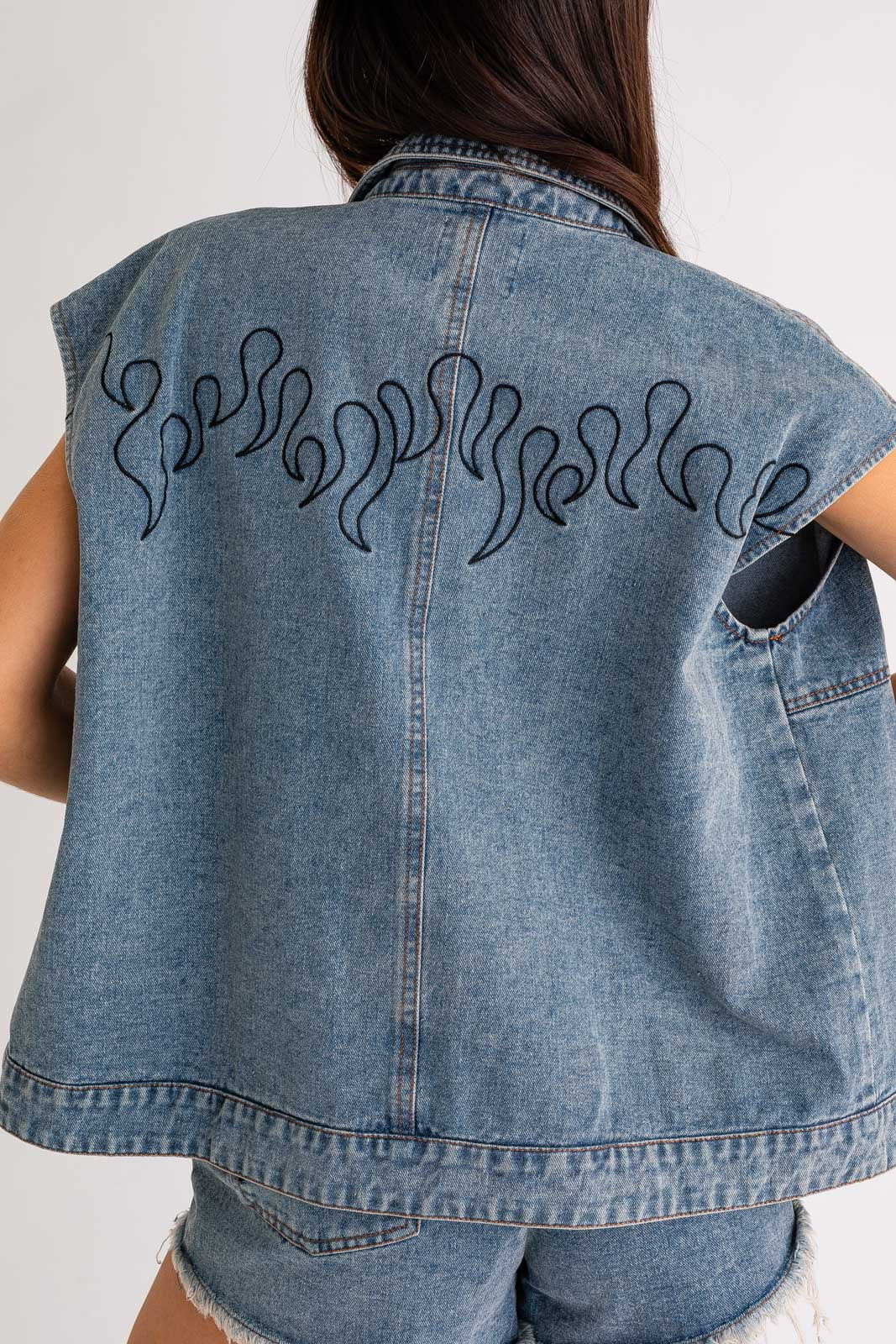 Flames Embroidered Oversized Denim Vest